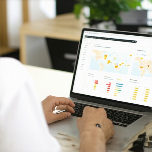 Person analyzing local SEO metrics on laptop with maps and charts
