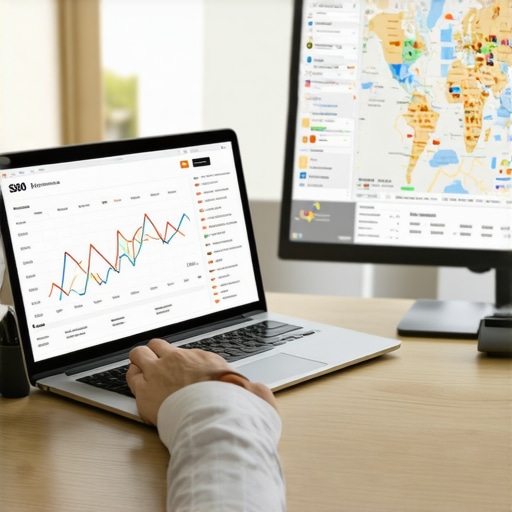 Person reviewing local SEO analytics on a laptop with charts and maps