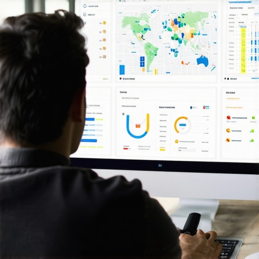 Data-Driven Local SEO Optimization Person analyzing local SEO analytics and maps on a computer screen in an office.