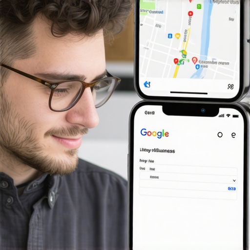 Optimized Local Business Profile for Neighborhood SEO Local business owner updating Google My Business profile with neighborhood map.