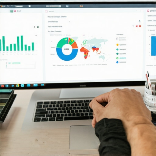 Person analyzing local SEO metrics on a computer with maps and charts.