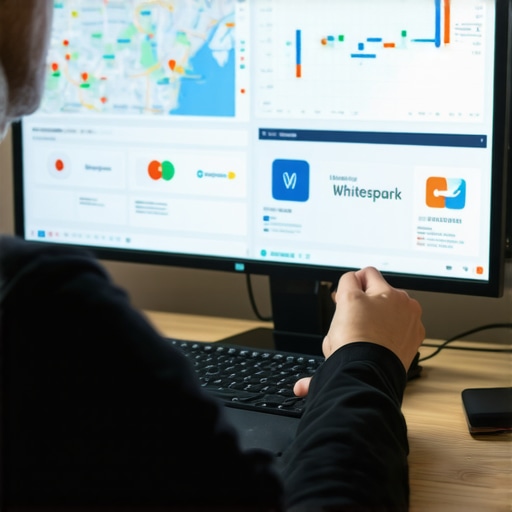 Person reviewing local SEO metrics on a laptop with maps and charts.