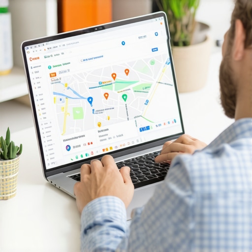 Business owner working on Google My Business profile optimization on laptop