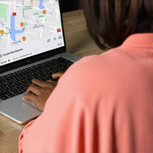 Person working on Google My Business profile on laptop with local maps and SEO tools.