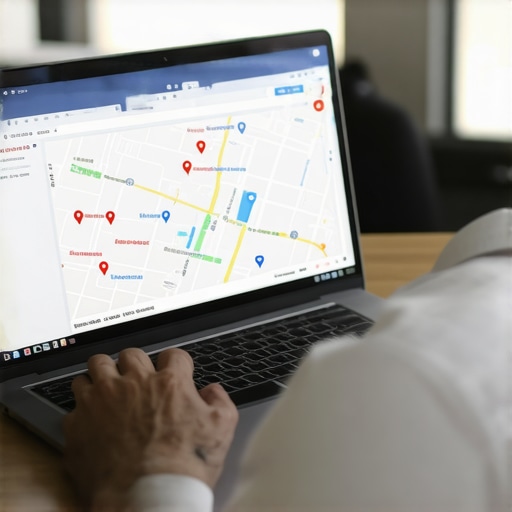 Business owner working on Google My Business profile on laptop with maps and SEO data