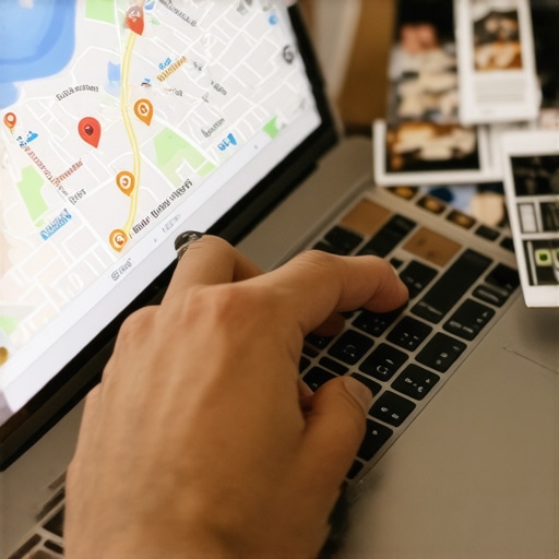 Business owner adding geo-tags to images on a laptop in a workspace setting.