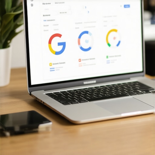 Optimizing Google My Business Profile Laptop showing Google My Business dashboard with local SEO metrics.