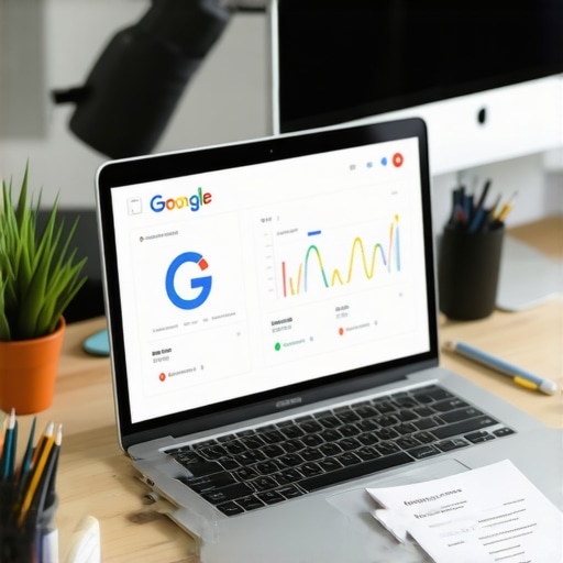 Workspace with SEO tools and Google analytics on a laptop screen