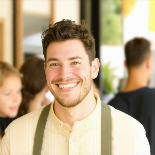 Local Business Engagement Business owner happily interacting with customers and requesting reviews in a lively neighborhood.