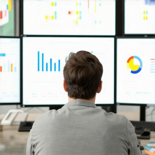 Digital marketer reviewing SEO and Google Maps ranking charts on screens.