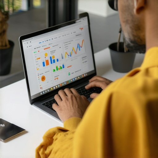 Optimizing Local SEO for Quick Results Business owner optimizing Google My Business listing on laptop with maps and analytics.