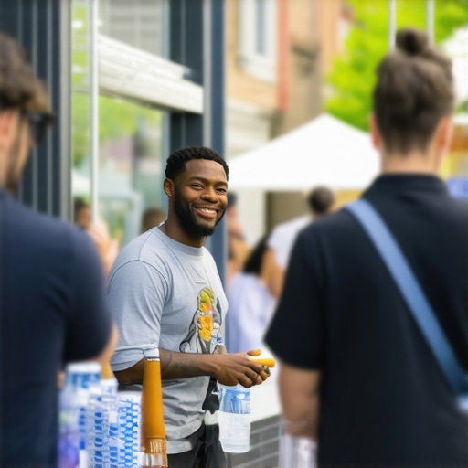 Business owner hosting a community event outside storefront with foot traffic and engagement