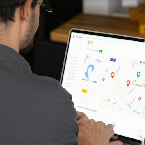 Business owner updating Google Maps profile on laptop showing local map