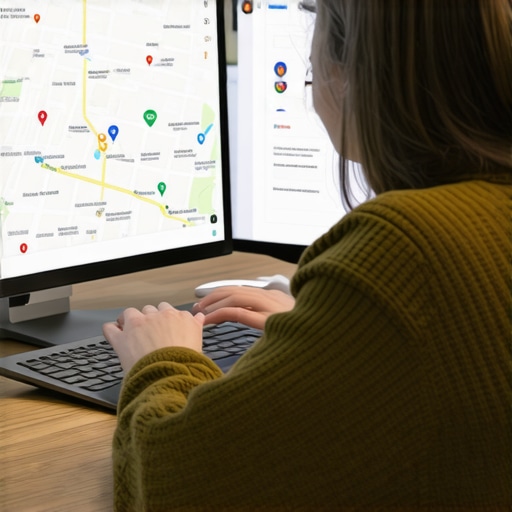 Business owner editing GMB profile on computer with maps and analytics on screen.