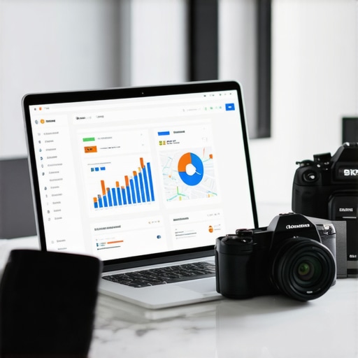 Workspace with laptop, camera, and mapping equipment for local SEO