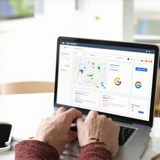 Person managing SEO tools on a laptop with Google Maps and analytics dashboards.