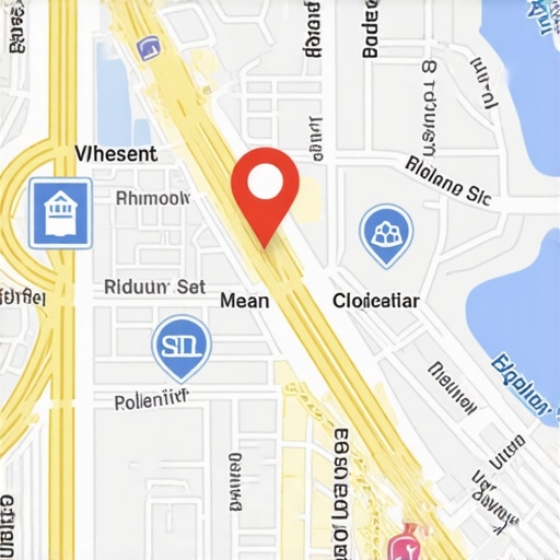 Map highlighting neighborhood zones with SEO icons.