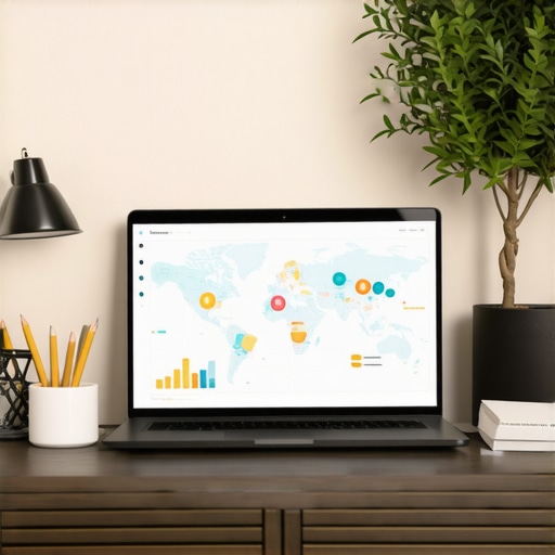A workspace with SEO software, analytics charts, and a laptop showing Google Maps performance