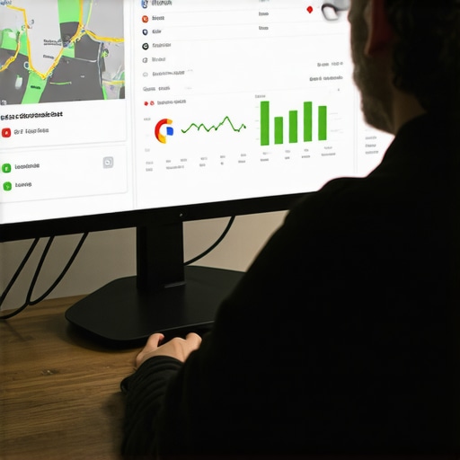 Person updating Google My Business profile on computer with analytics and location indicators