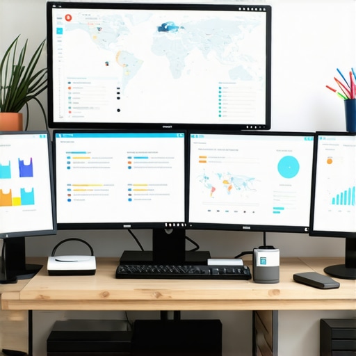 A modern workspace showing screens with maps, SEO analytics, and optimization tools for local rankings.